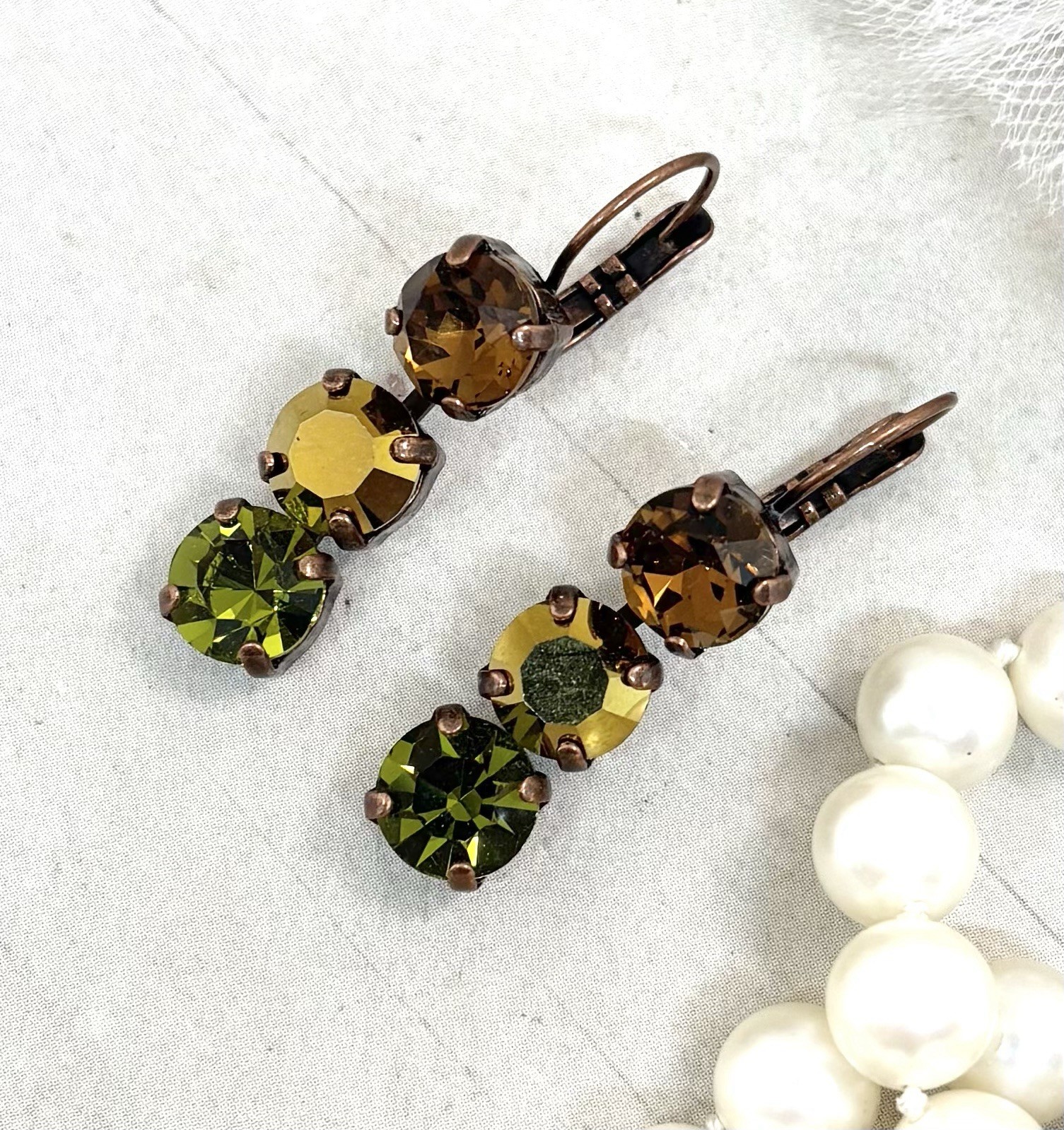 Antique Copper Plated Triple Stone Olive Green And Brown Cup Chain Earrings
