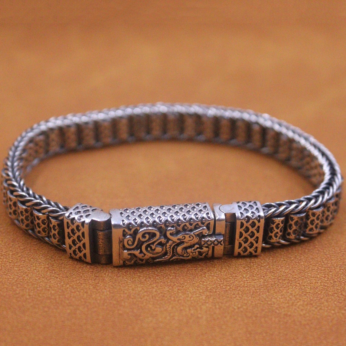 Real 925 Sterling Silver Bracelet Men 9mm Vintage Long Tube Beaded Link 7.5inch