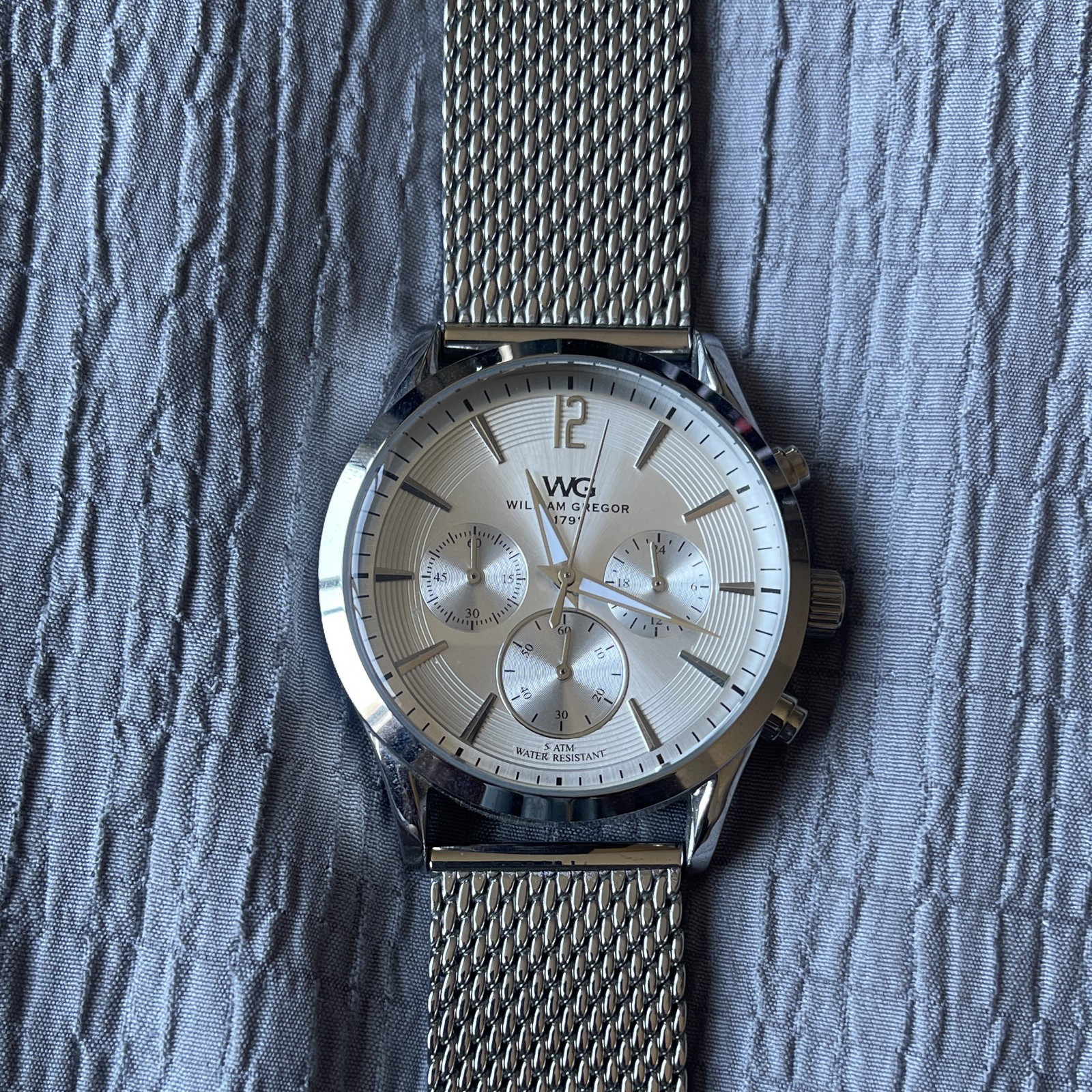William Gregor WG Men’s Quartz Analog Watch Silver Dial Mesh SS 40mm 50m