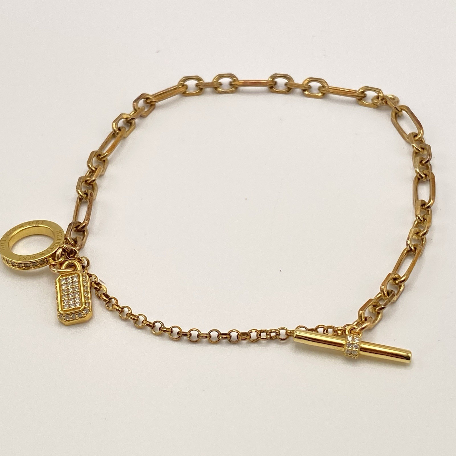 Hillberg & Berk Gemstone Bracelet 925 Gold Paper Clip Lock Charm Cubic Zirconia