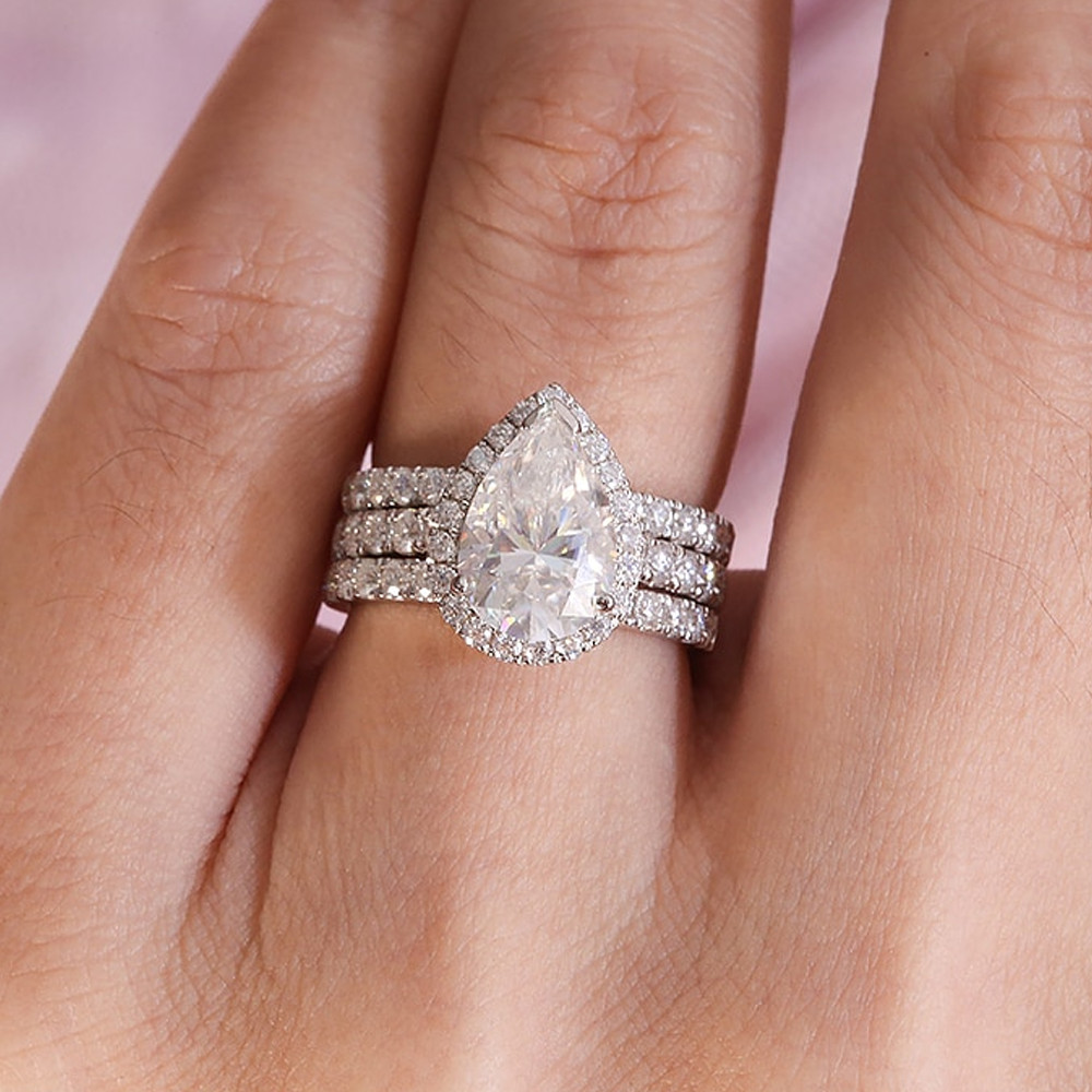 3.20 TCW Pear Moissanite Trio Set Women’s Engagement Ring 14K White Gold Plated