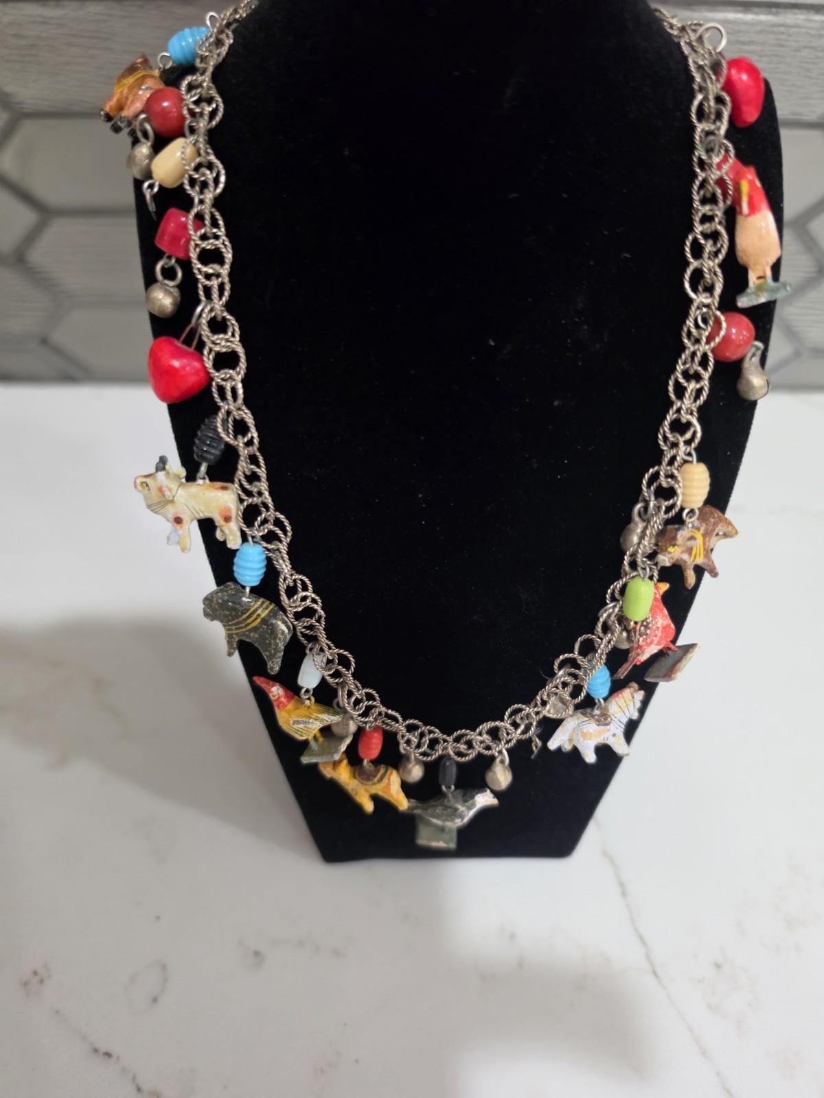 Vintage Tropicana Necklace Silver Wooden Animals Birds Chain Parrot Hearts 1960s
