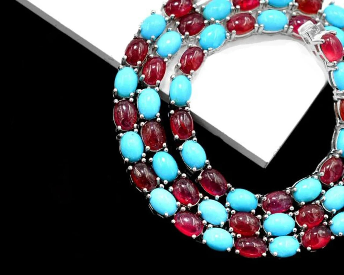 31Ct Oval Cut Lab-Created Garnet & Turquoise Tennis Necklace in 925 Silver – 20″