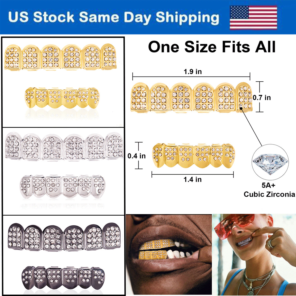 18K Gold/Silver/Black Plated Hip Hop Teeth Grillz Top Bottom Mouth Diamond Grill
