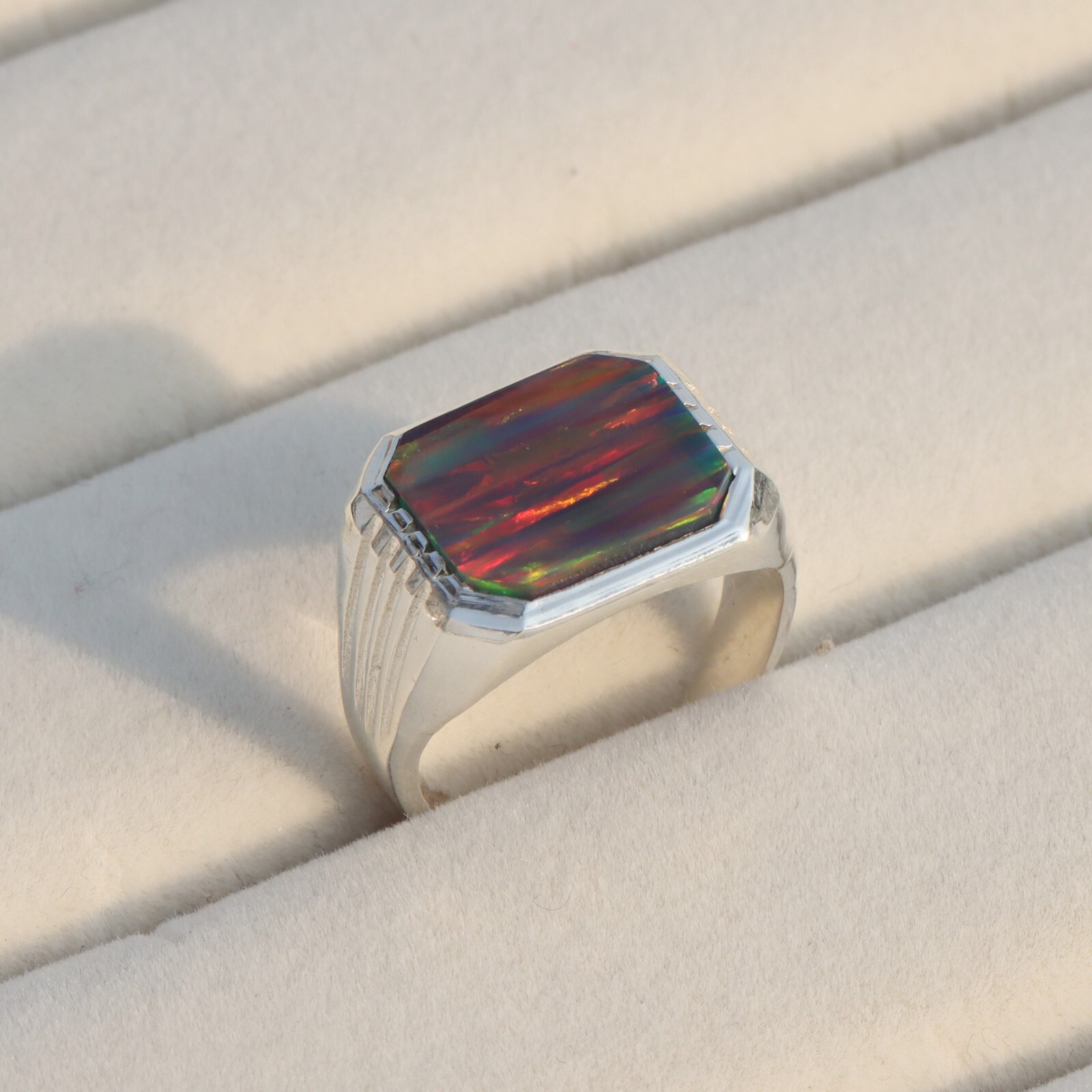 Flashy Black Fire Opal Ring, 925 Sterling Silver Signet Ring, Men’s Ring For Her
