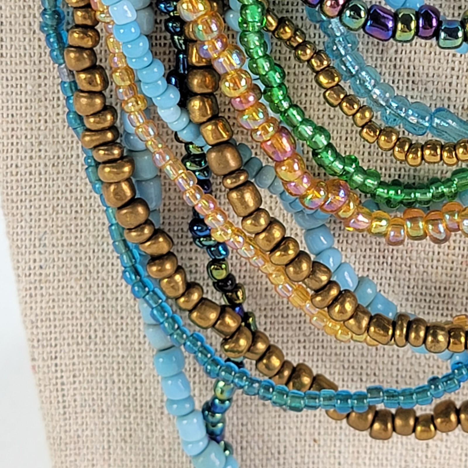Vintage 14-Strand Multicolor Seed Bead Statement Necklace 20.5 in Wooden Clasp