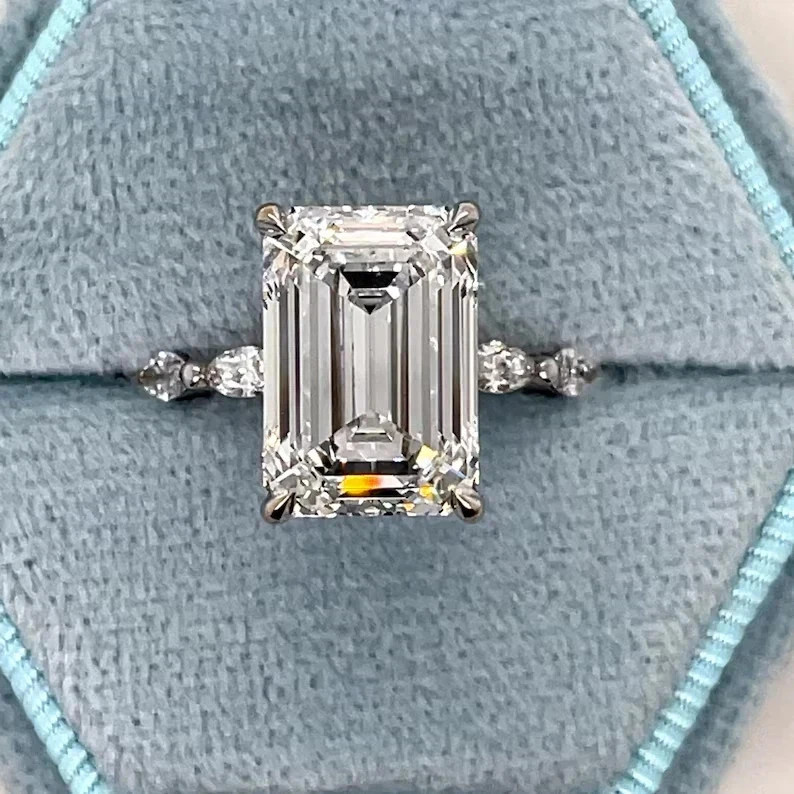 Emerald Cut 4.20 Ct White Moissanite Prong Engagement Ring 925 Sterling Silver