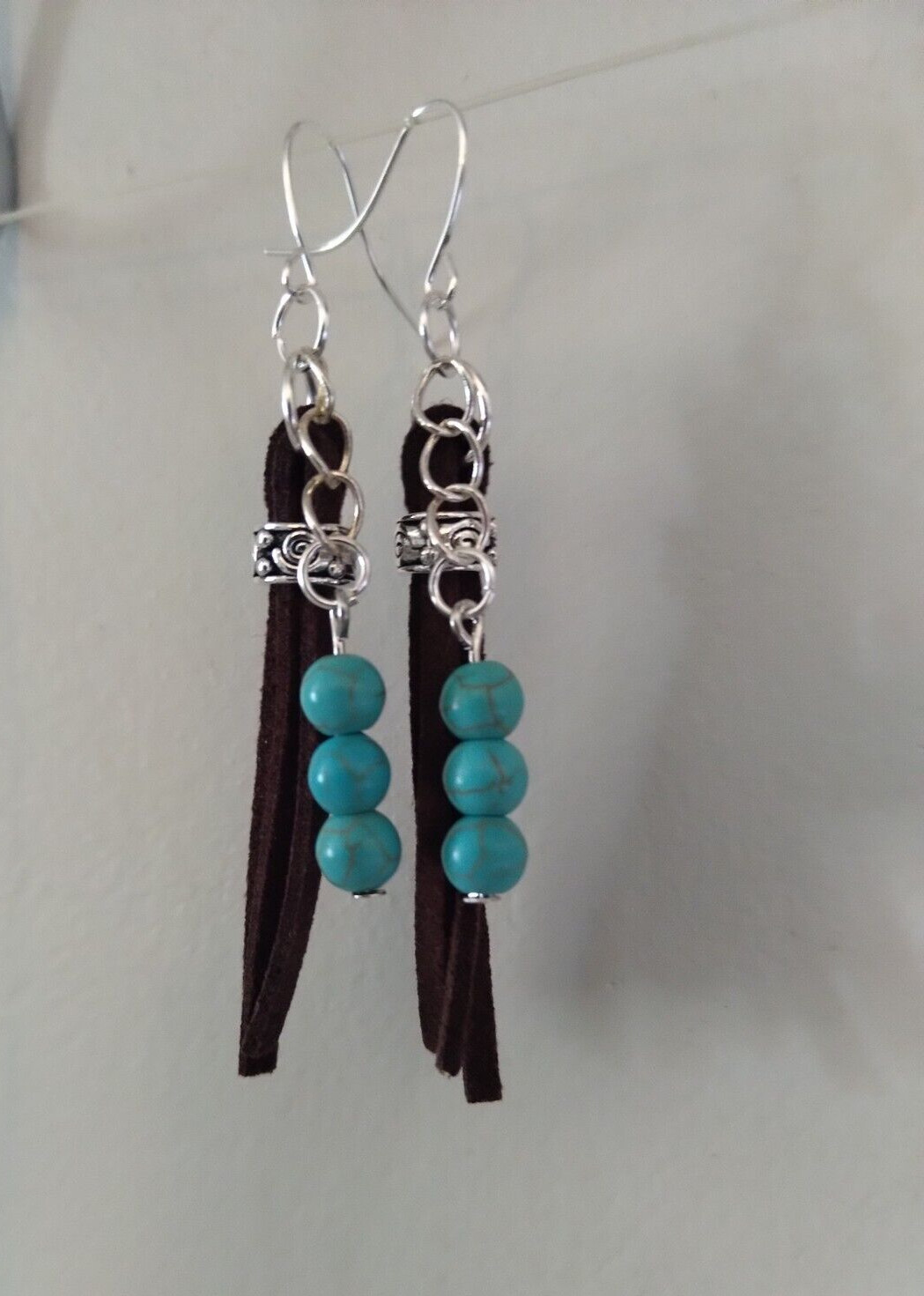 Suede Fringe Tassel Earrings Turquoise Blue Howlite Stone Bead Handmade Cowboy