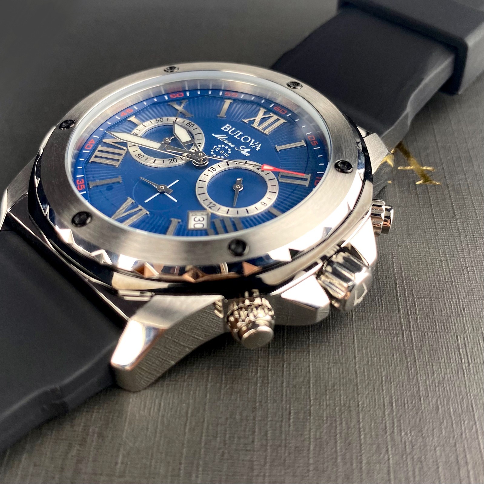 Bulova Marine Star 98B258 Quartz 44mm Blue Dial Black Rubber Strap Men’s Watch
