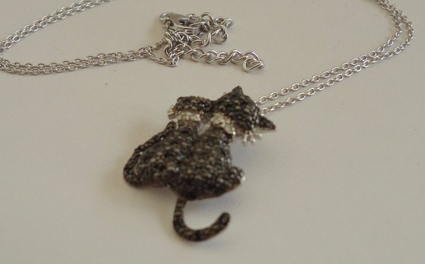 925 STERLING SILVER BLACK KITTY’S PENDANT NECKLACE W/ ACCENTS/18”CHAIN