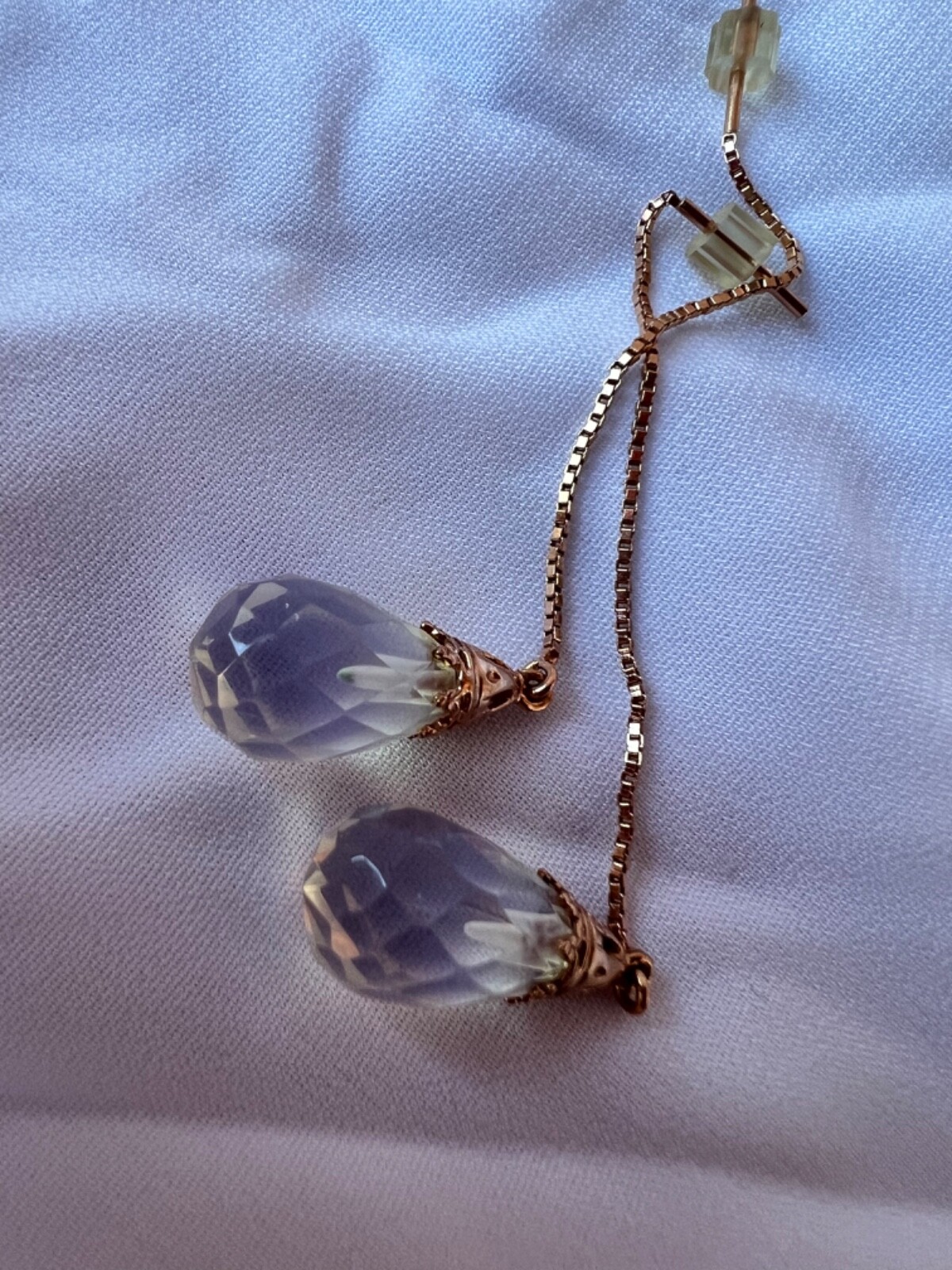 14K PINK ROSE GOLD MOONSTONE THREADER PULL THROUGH CHAIN DANGLE DROP EARRINGS