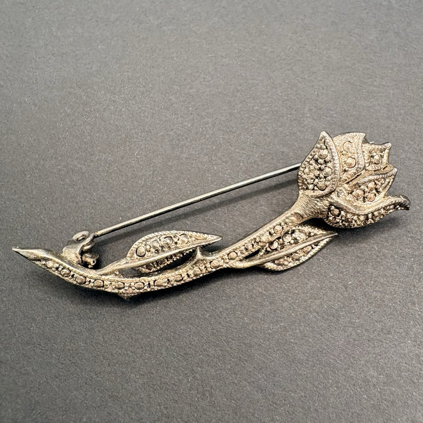 Vintage Long Stem Rose Flower Floral Marcasite Silver Tone Brooch 2″