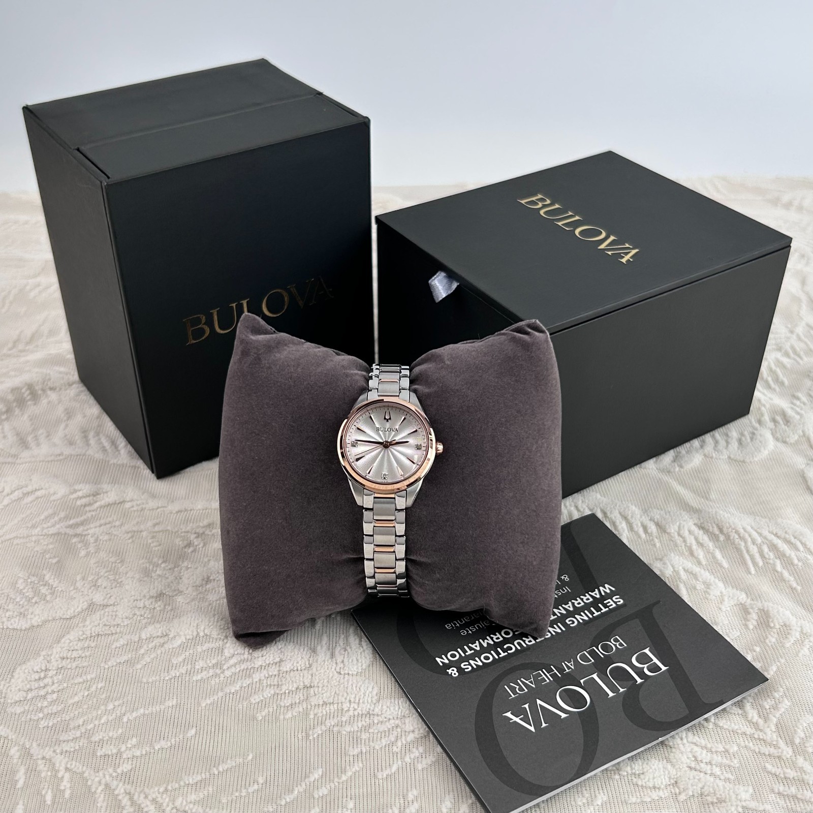 Bulova Sutton Diamond White/Rose Gold Dial 98P200 Women’s Quartz Watch 28MM