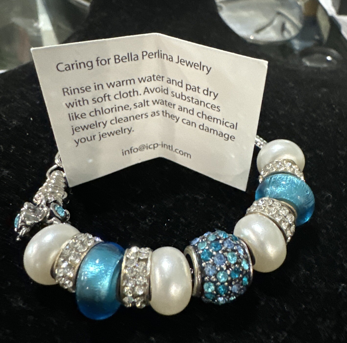 Bella Perlina Charm Bracelet with Aqua & White Beads with Silver Rhinestones $95