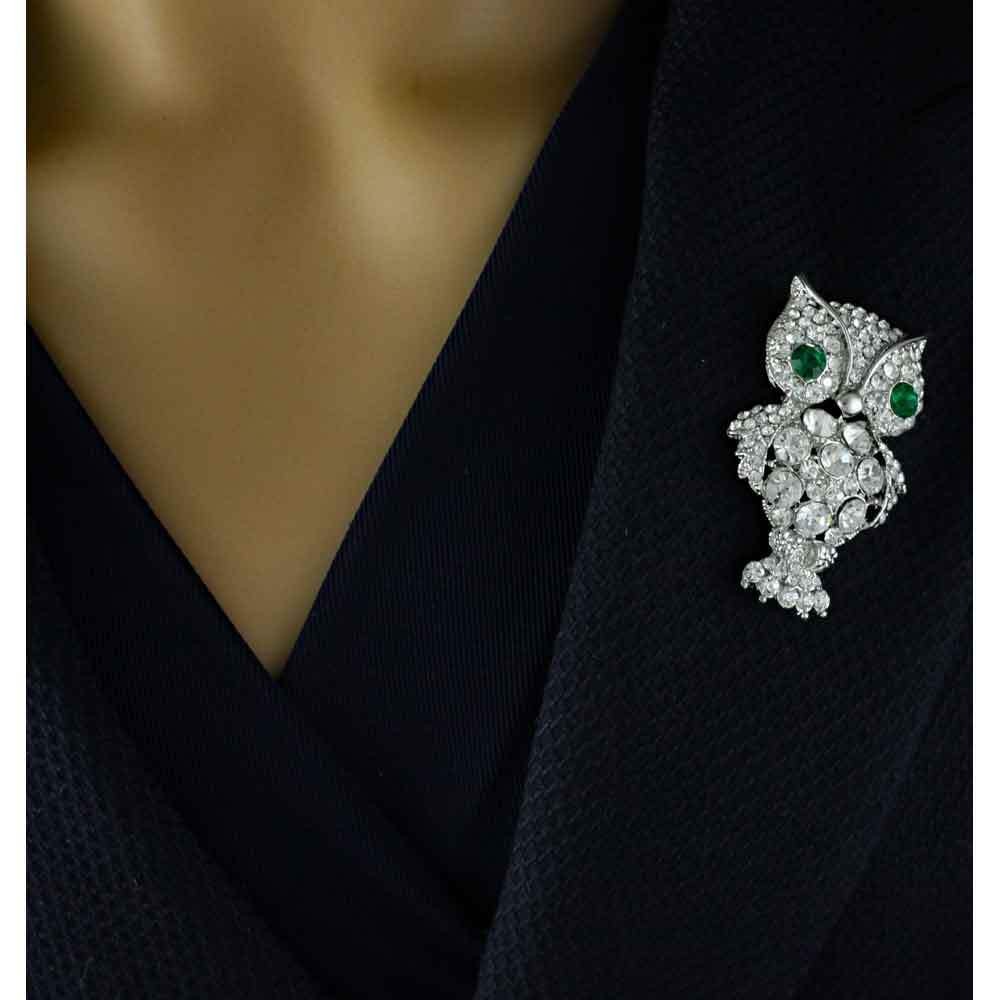 Large Crystal Owl Brooch Pin with Green Crystal Eyes – PRB116