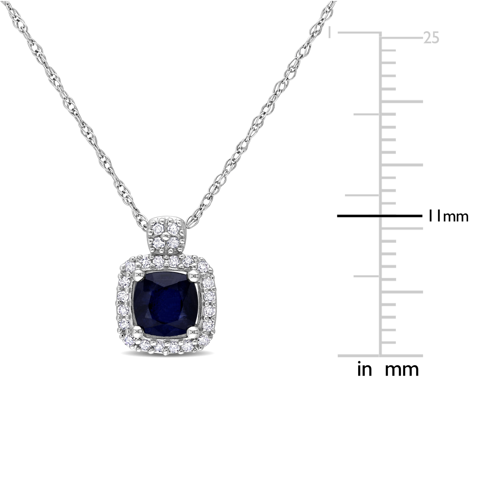 Amour 10K White Gold Diffused Sapphire 1/10CT TDW Diamond Halo Pendant – 17 in.