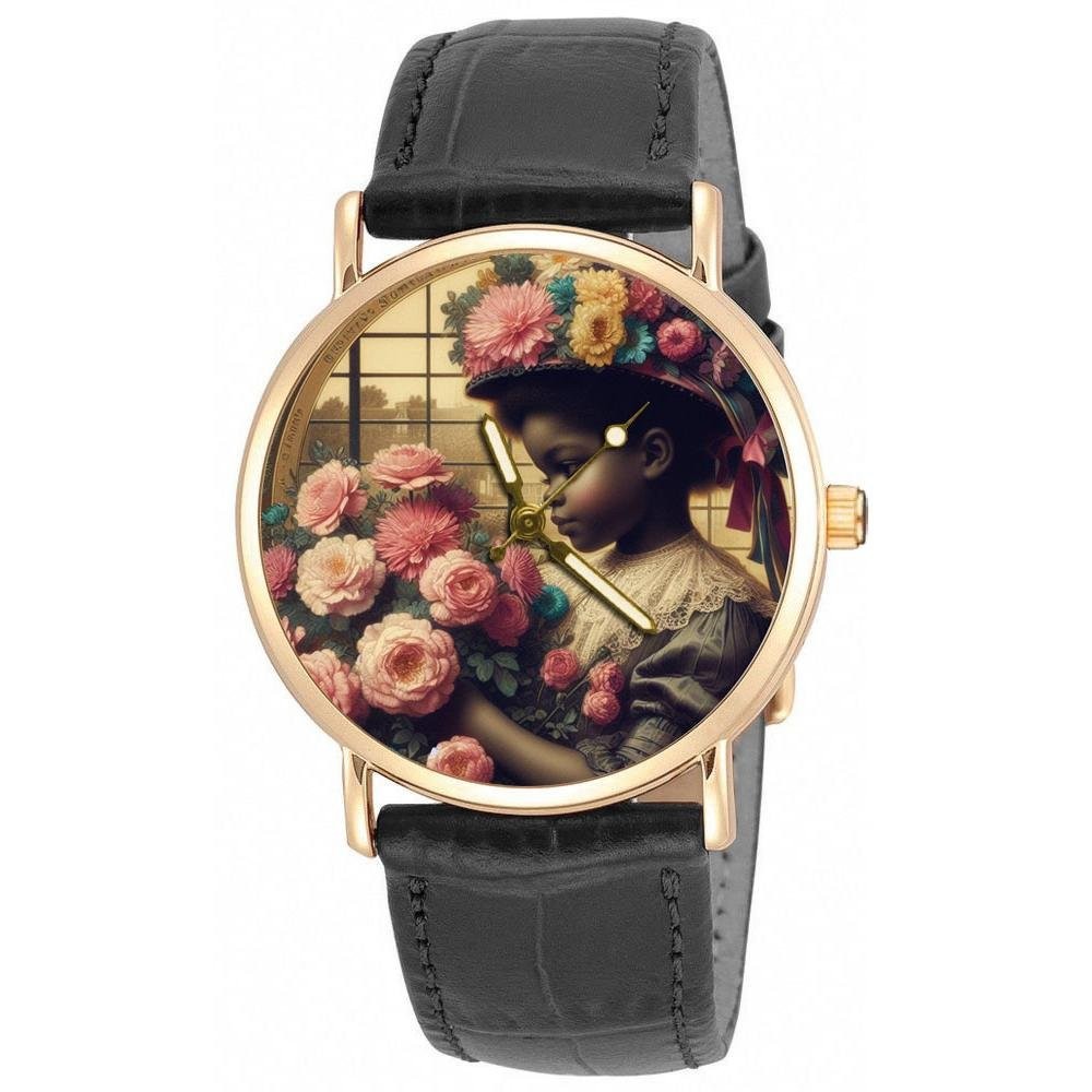 Vintage Black Flower Fairy Girl Lovely Fantasy Art Ladies Solid Brass Watch