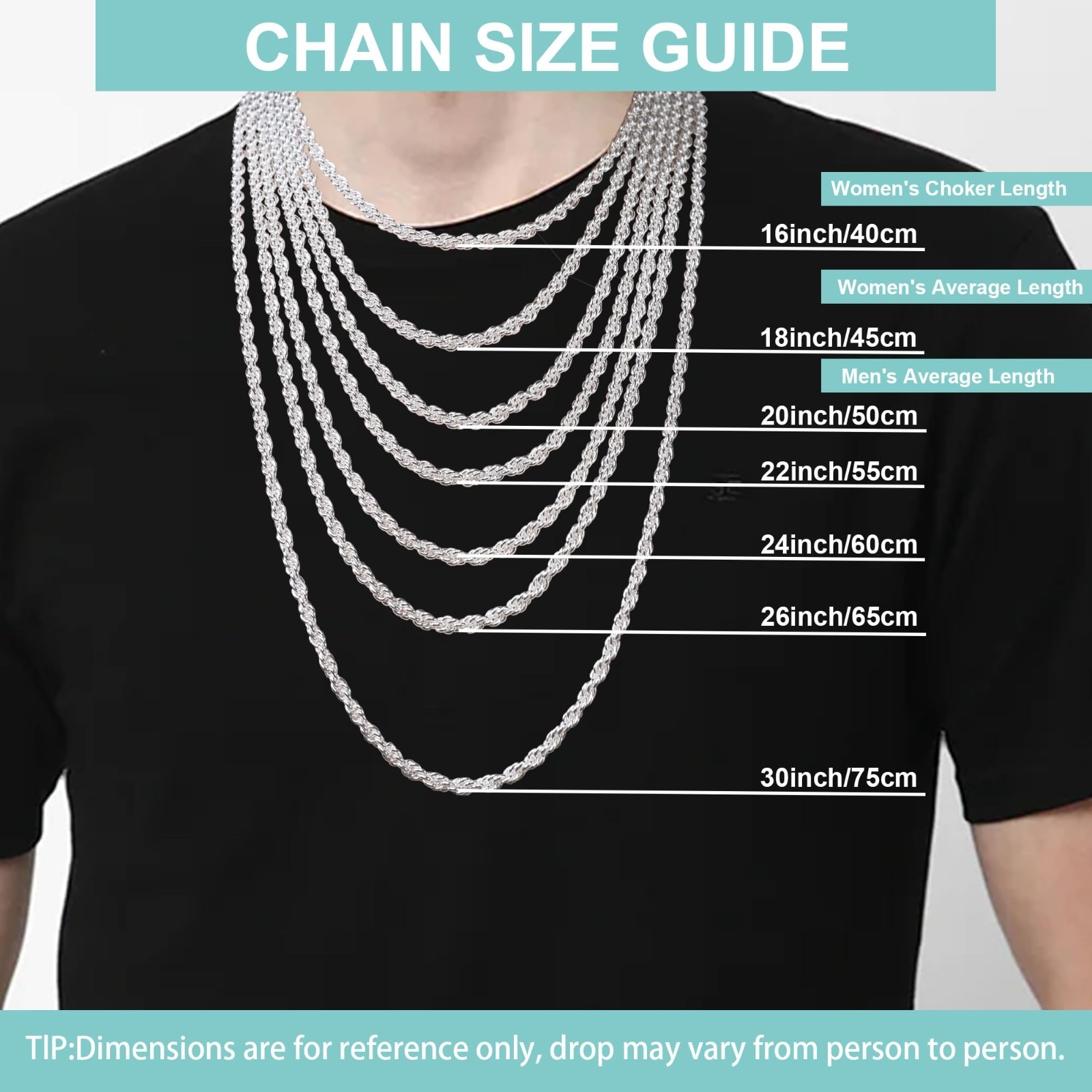 925 Sterling Silver Rope Chain Necklace 2.5mm Lobster Clasp 16-30 Inches Unisex