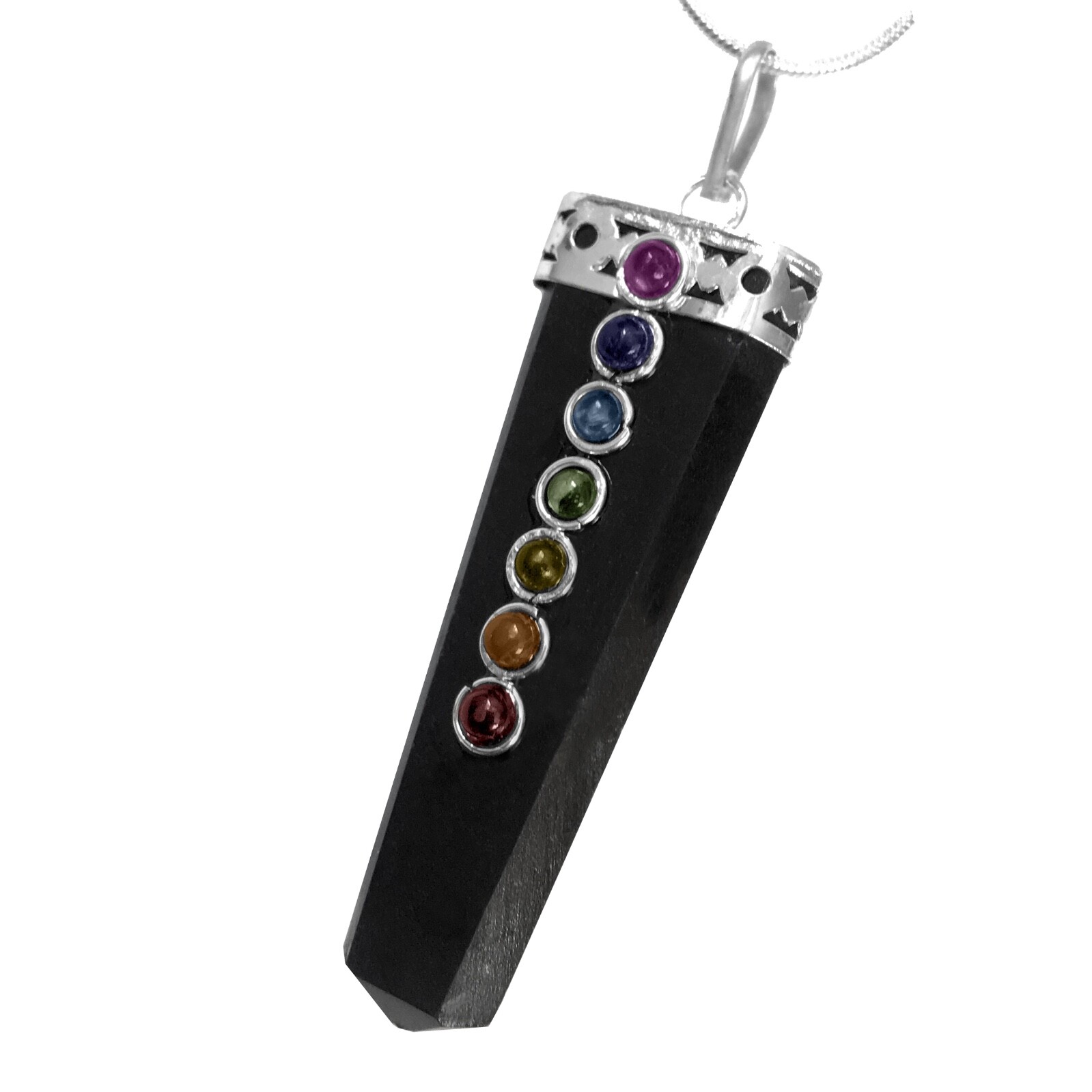 Obsidian 7 Chakra Pendant Silver Crystal Gemstone Necklace Reiki Healing CHARGED