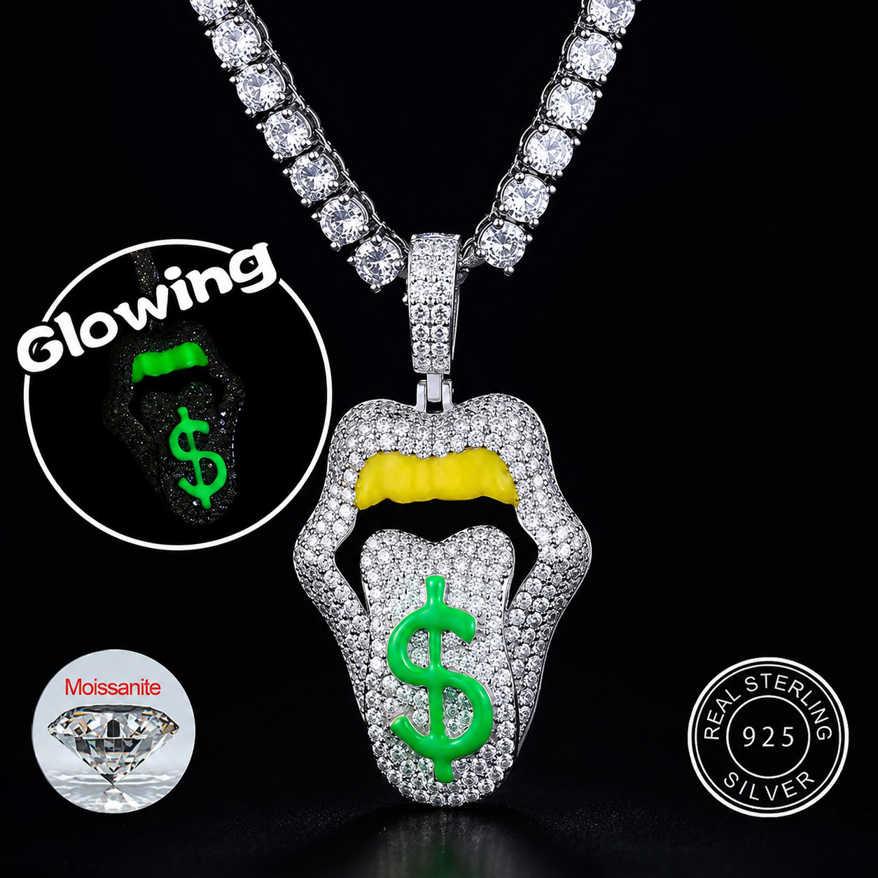 Glow in Dark Dollar Lips Pendant 925 Silver Moissanite 14k White Gold Plated