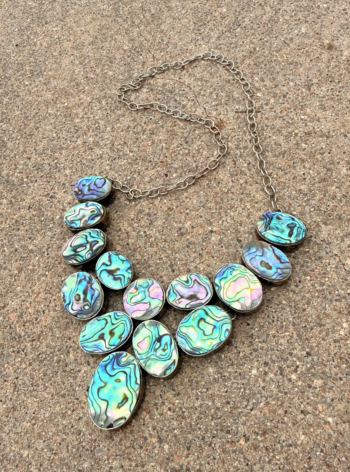 Genuine Abalone Shell And Sterling Silver Necklace – .925 Marked – Statement