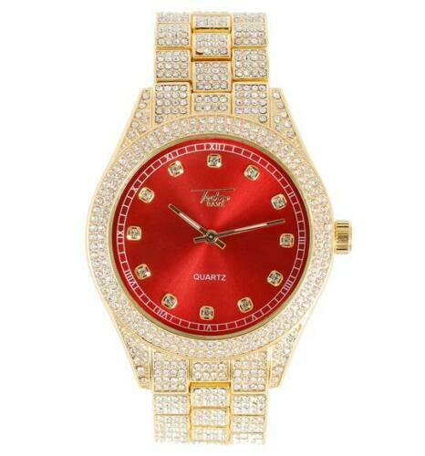 Men Iced Bling Cubic Zirconia Red Face Metal Band Gold Plated Hip Hop Watch