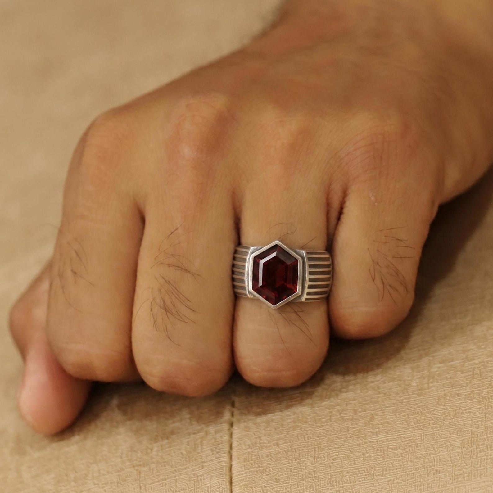Hexagon Cut Garnet Men’s Signet Ring, Vintage Geometric Statement Style Ring