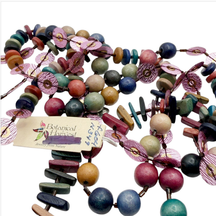 Tribal Boho 70″ Wood Bead Rope Necklace Botanical Harvest Philippines NWT