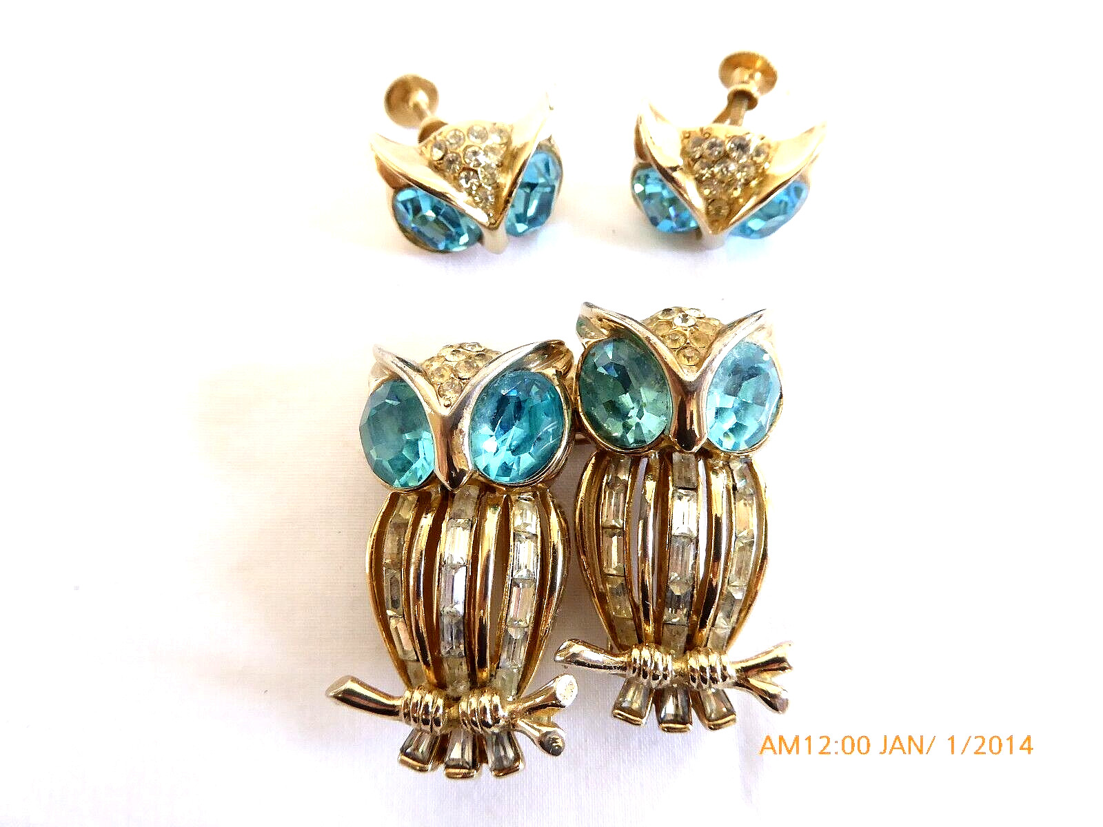 RARE VINTAGE CORO ALFRED KATZ OWL DUETTE BROOCH/FUR CLIP & EARRINGS SET