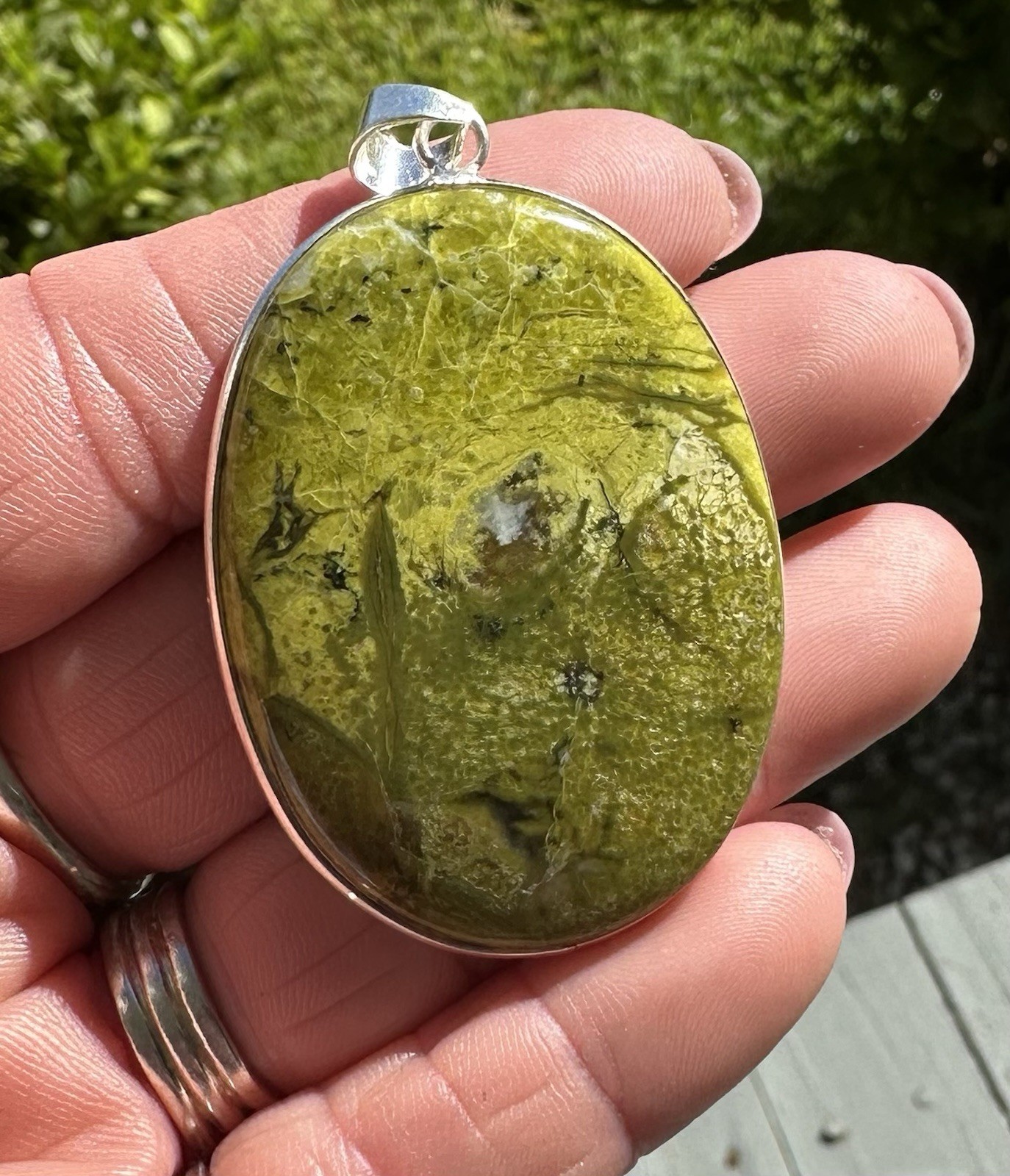Sterling Silver 925 Green Serpentine Opal Large Oval Cabochon Pendant 2.4 in