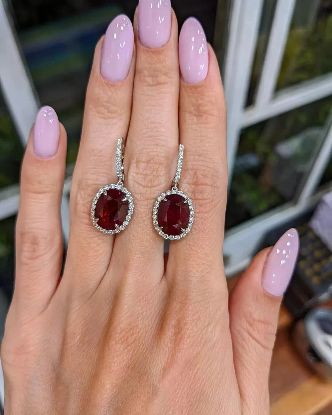 5.60 Ct Oval Cut Natural Ruby Diamond Drop 14K Solid White Gold Earring
