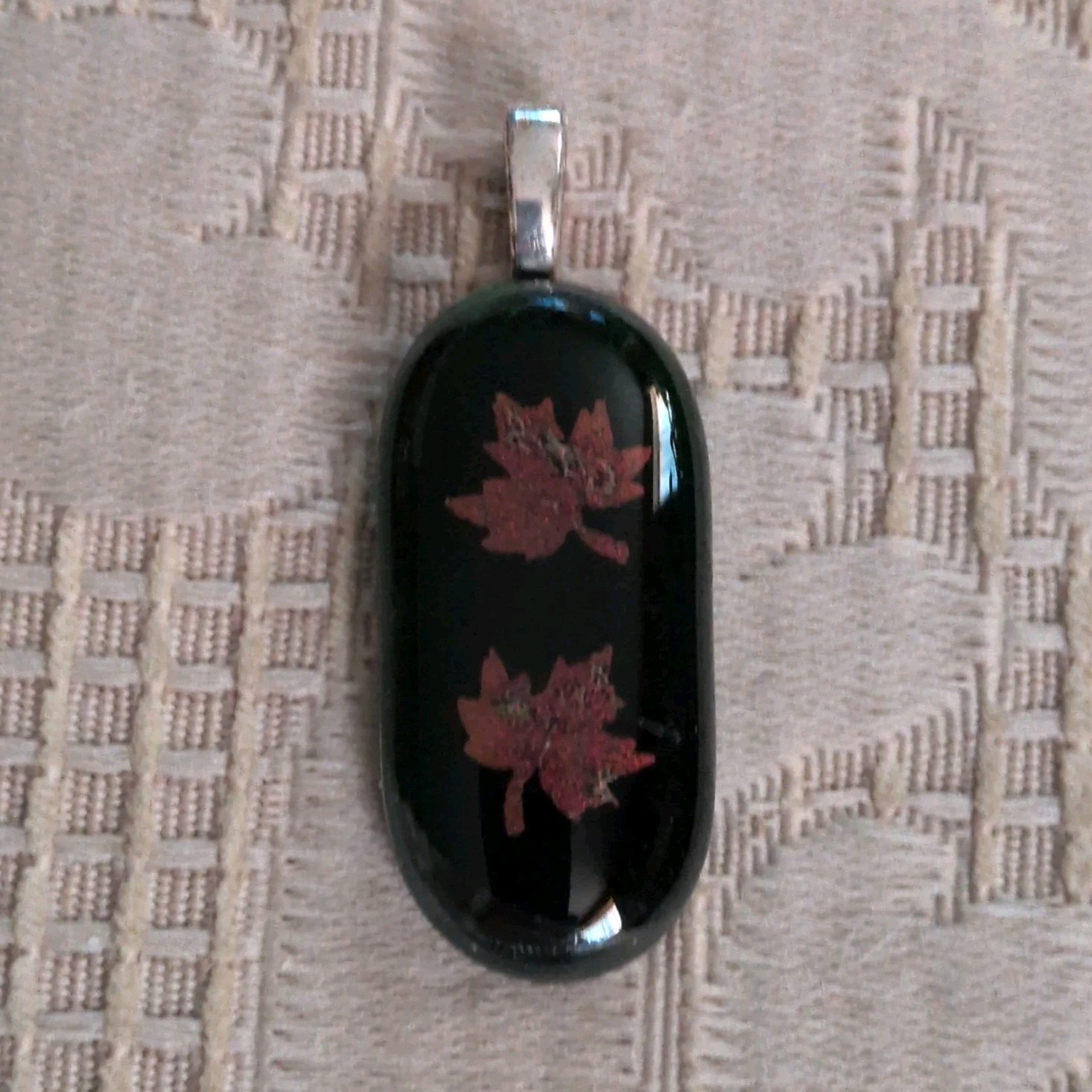 Handcrafted Glass Pendant Oval Black Red Nature Charm Unisex Metal