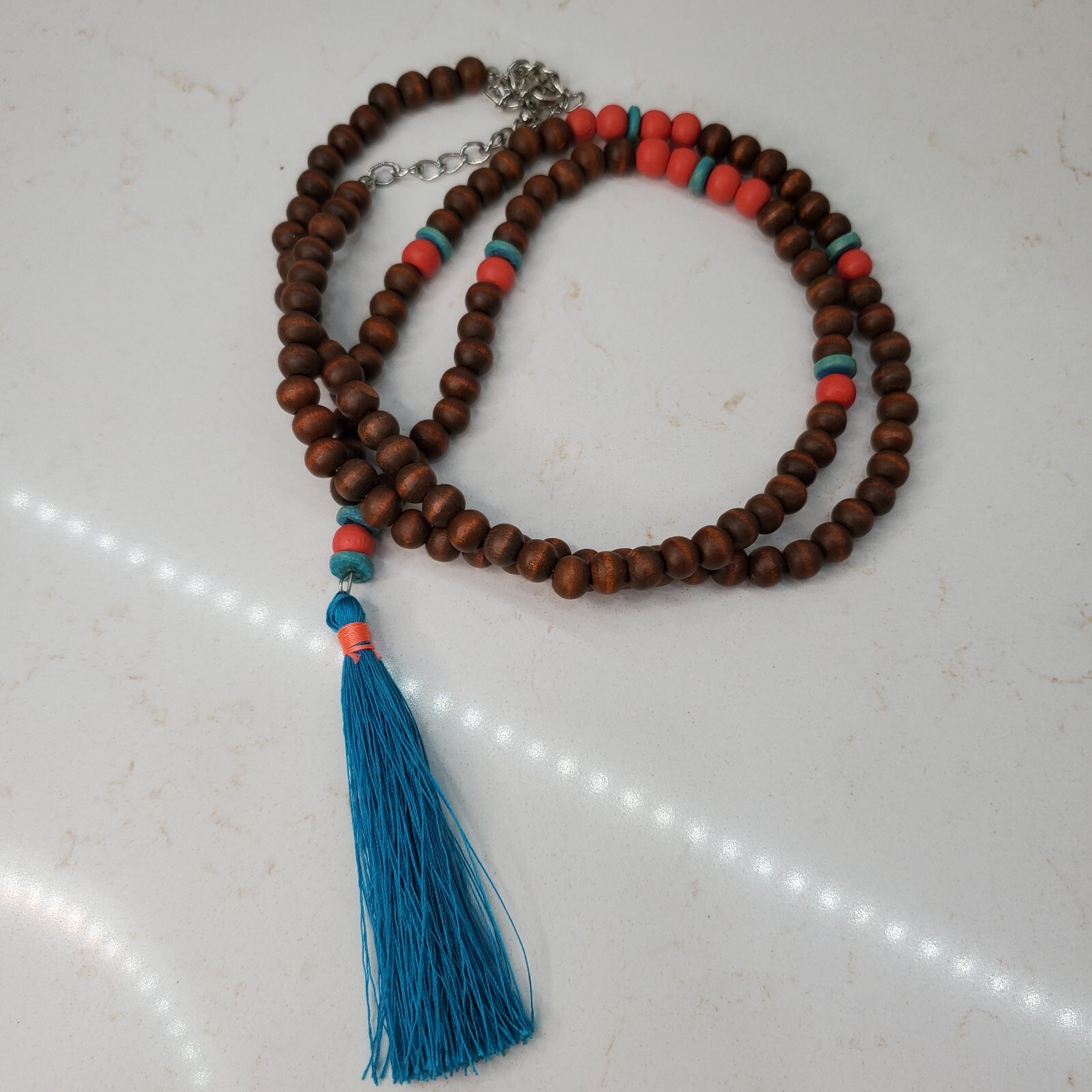 6 Beaded Tassel Necklaces – Wood & Faux Turquoise & Bone & Shell Multicolor Long