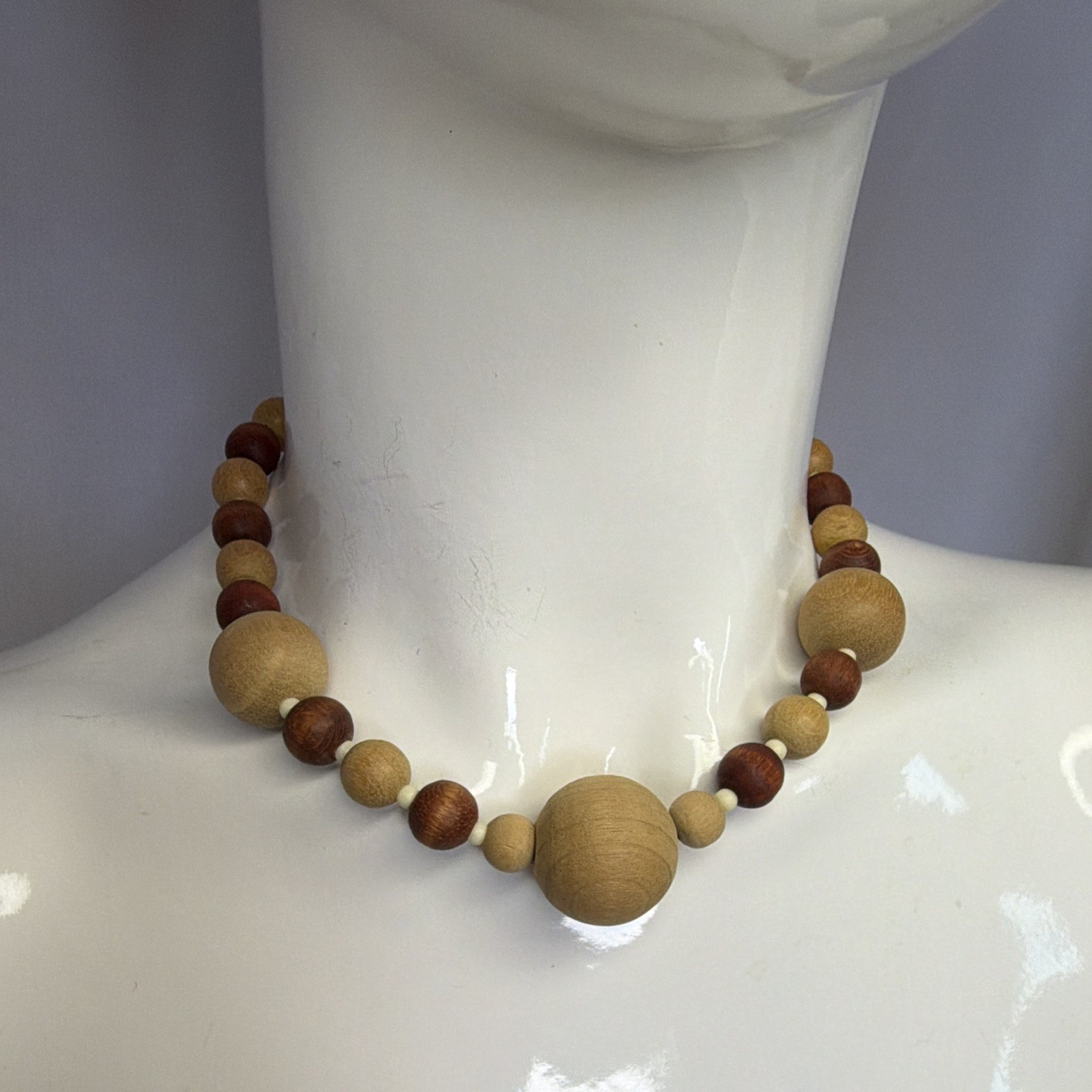 Vintage Natural Wood Bead Necklace Earth Tone Wooden Beads Boho Artisan Statemen