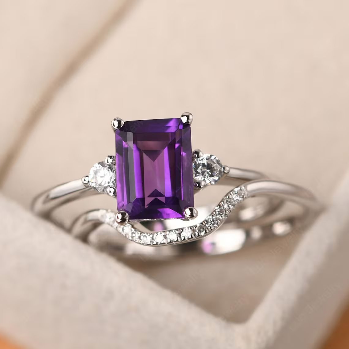 2CT Amethyst Gemstone 925 Silver Plated Dainty Stack Ring Duty Free