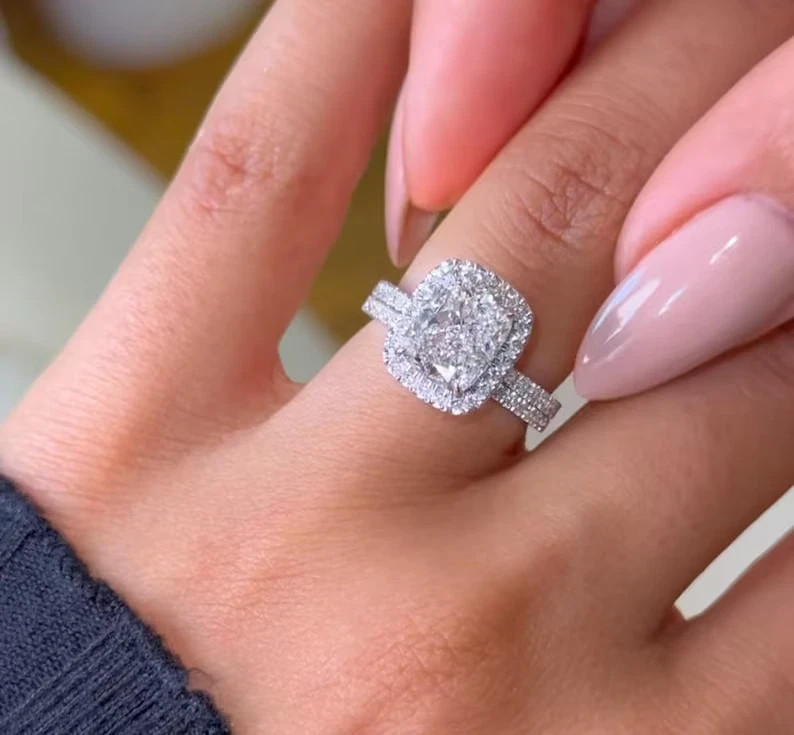 2.80 Ct Cushion-Cut VS1 Lab Grown Diamond Halo Bridal Wedding Set 14K White Gold