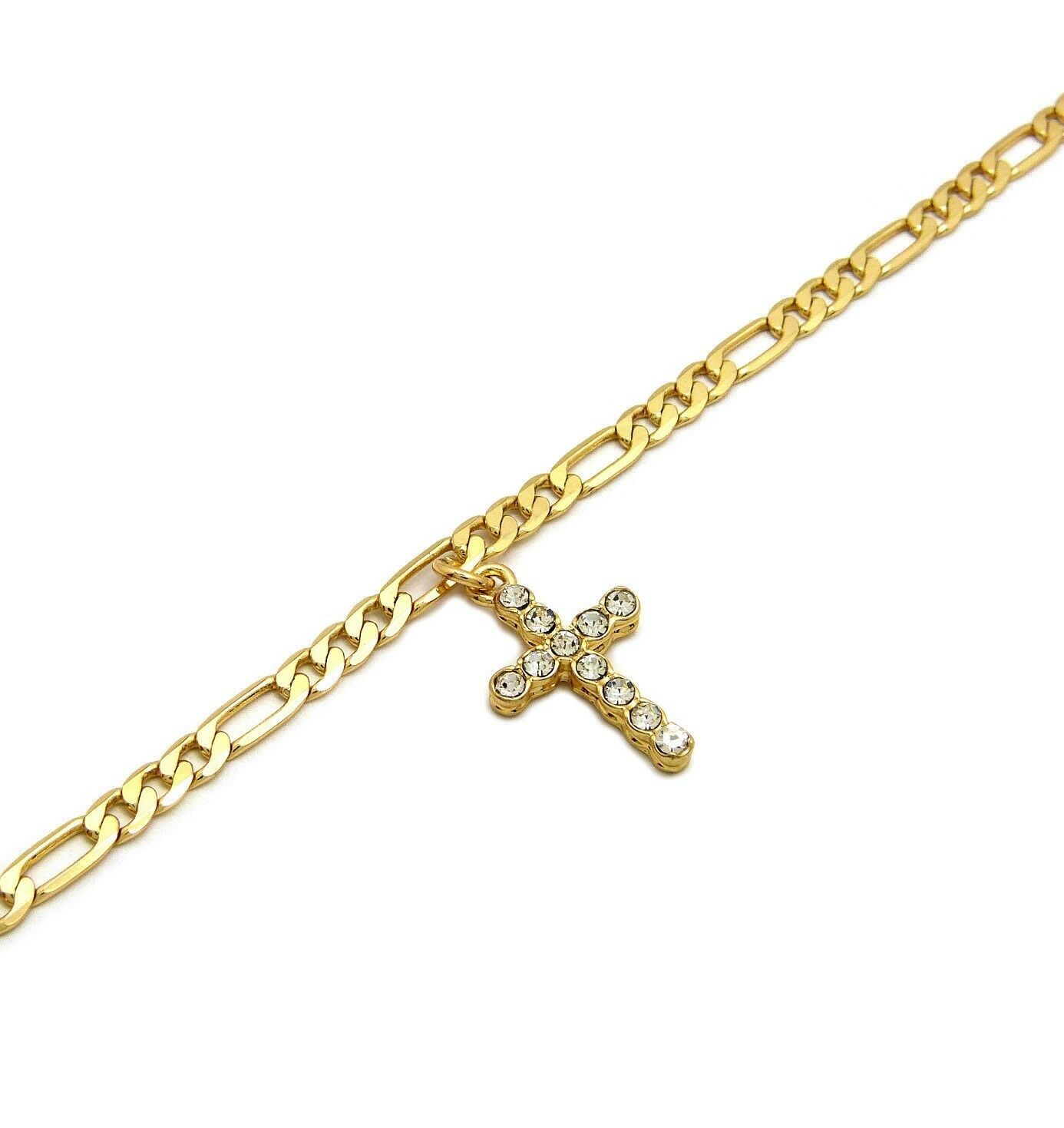GOLD PLATED CUBIC ZIRCONIA CROSS 3mm 10″ FIGARO CHAIN FASHION ANKLET BRACELET
