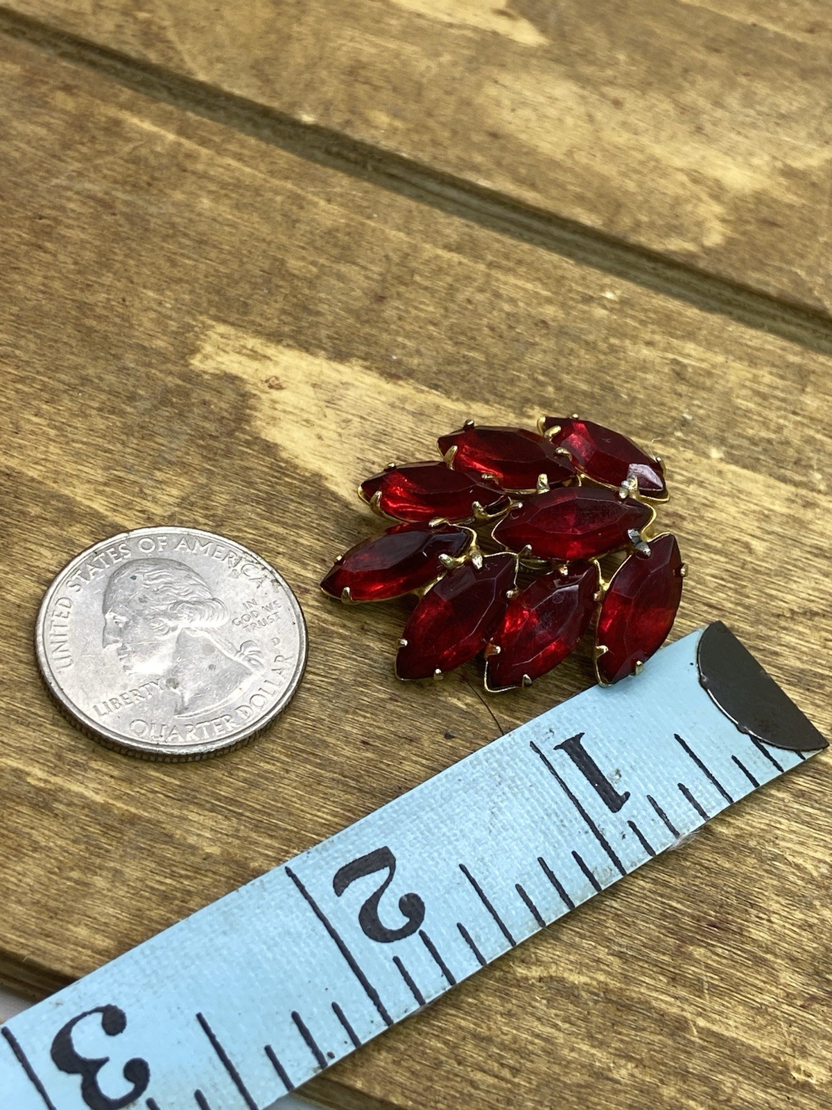 Vintage 1950s Red Rhinestone Gold Tone Clip On Climber Earrings 1.25″