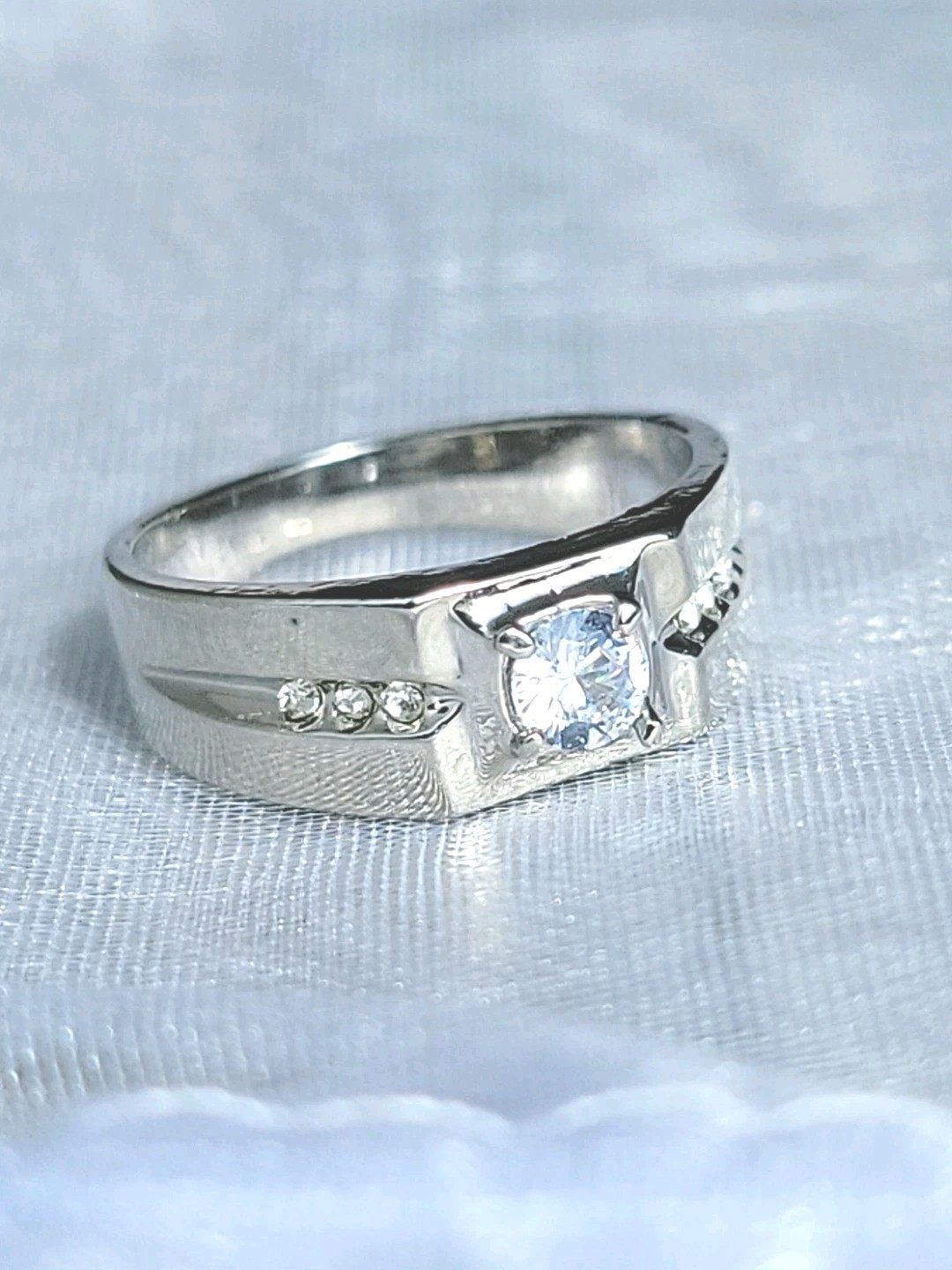 Mens Solitaire Ring White Gold EP 1 CT Simulated Diamonds (pinky)