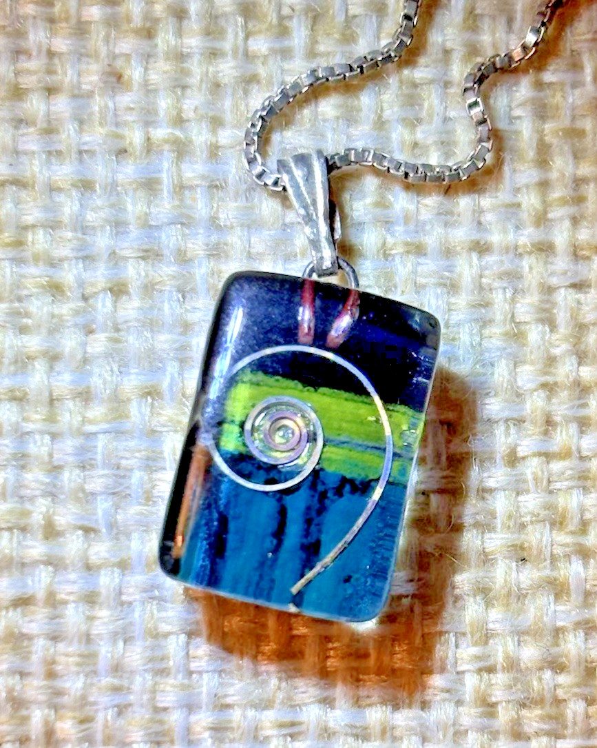 Art Glass Sterling Blue Green Black Silver Set Pendant w/ 16” Chain and Earrings