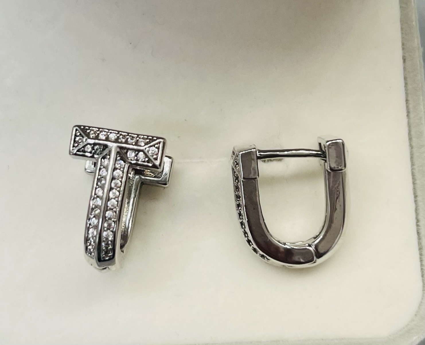 Silver Tone Pavé CZ Geometric T Huggie Hoop Earrings Hinged Latch Back
