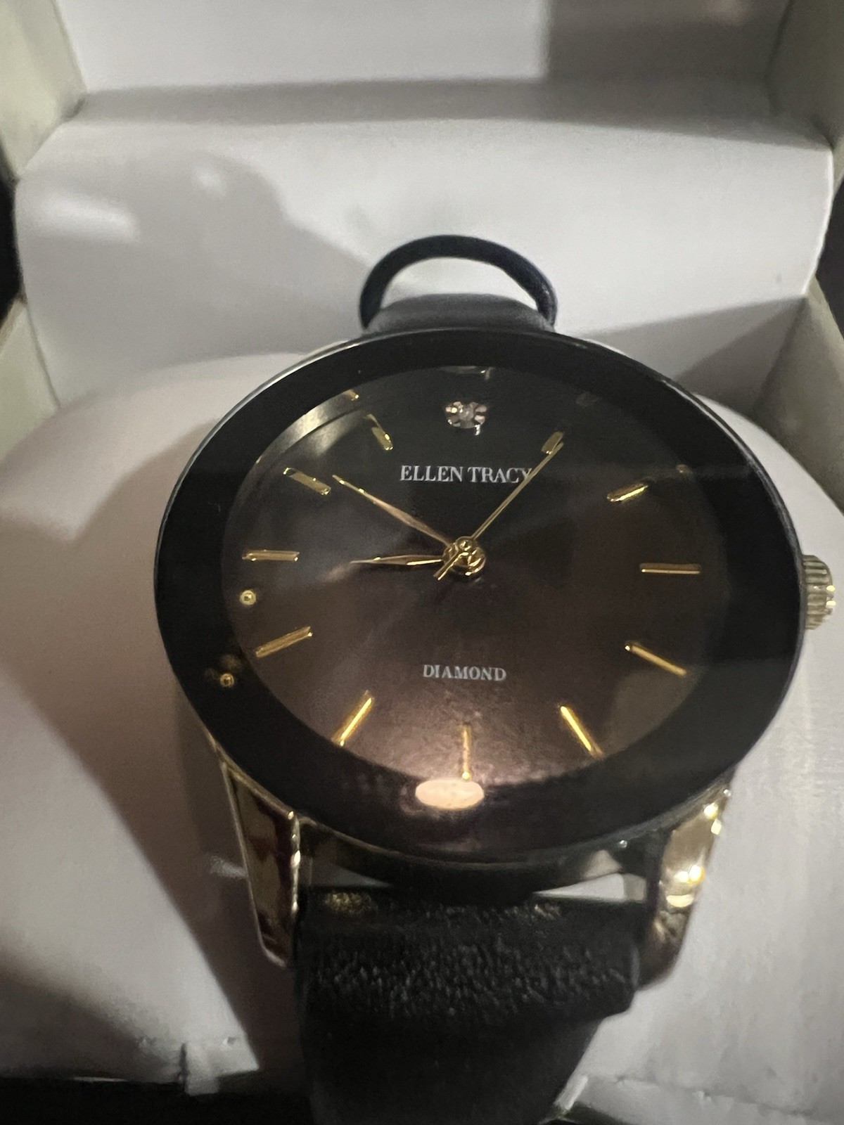 Womens Ellen Tracy Gold-Tone Diamond Dial Watch New In Box