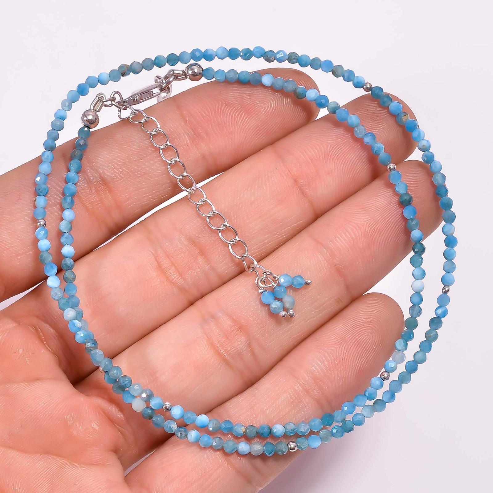 AAA Natural Neon Apatite 925 Sterling Silver Beads Necklace 16-18.5″ P-927