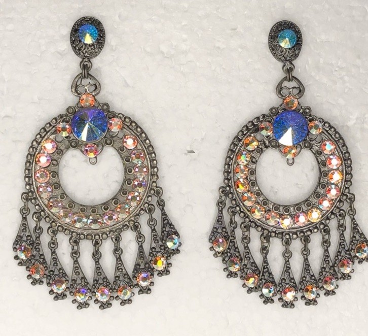 Elo7 Antique Silver Iridescent Rhinestone Tassel Dangling Chandelier Earrings