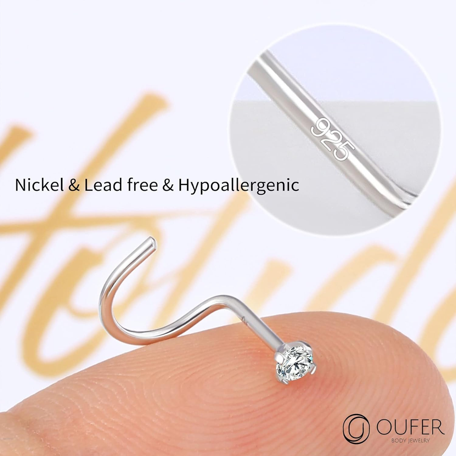 925 Sterling Silver Nose Stud, Bone L Screw Shaped Nose Rings, 20G Nostril Solid