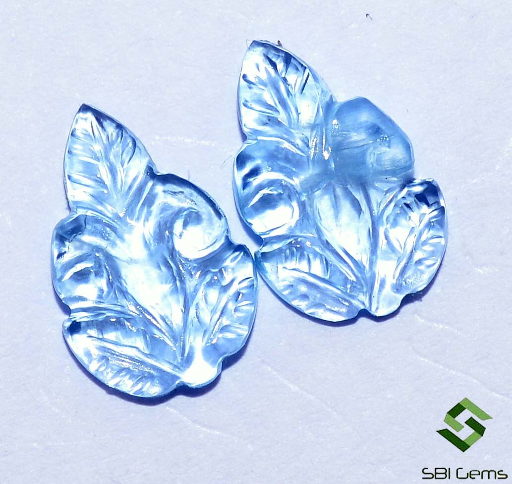 7.21 Cts Natural Blue Topaz Hand Made Pair Carving 13×8 mm Flower Shape Gemstone