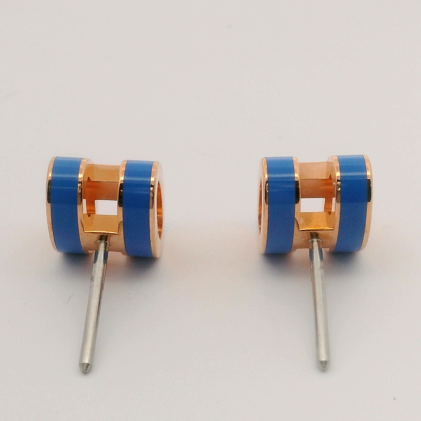 Hermes Mini Pop H Rose Gold Tone & Blue Enamel Earrings