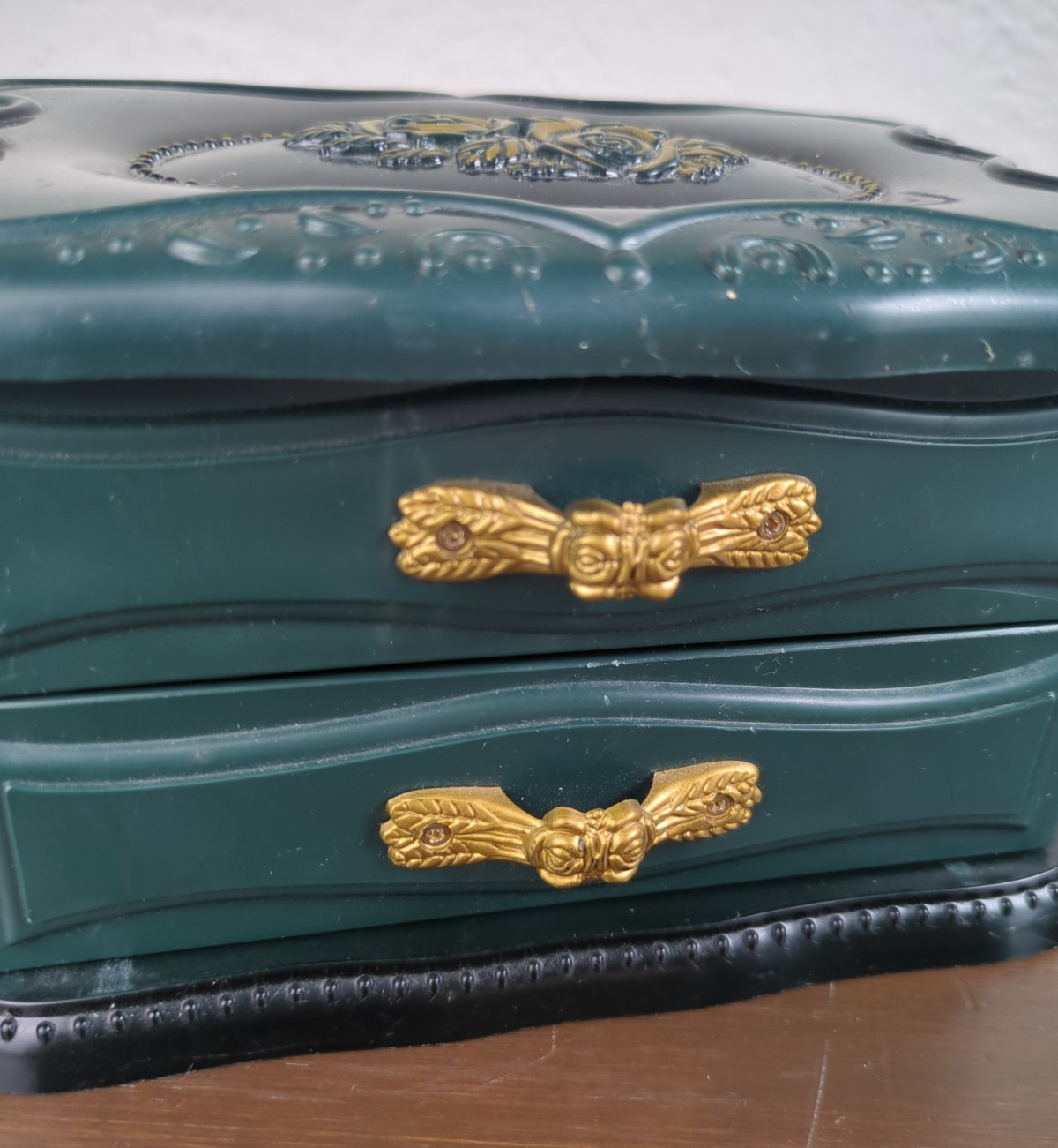 Plastic Table Top Dresser Drawer Jewelry Box Dark Green Gold Florals Paisley Fab