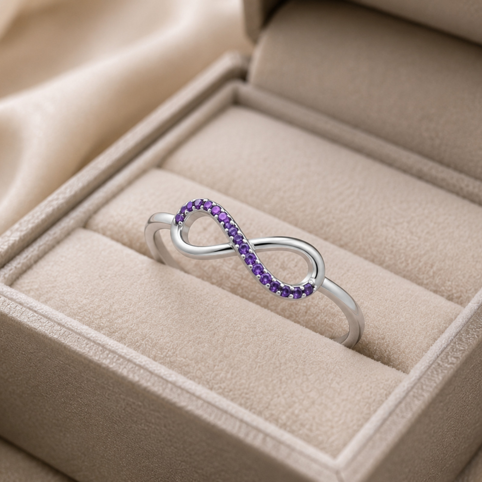 925 Sterling Silver Amethyst Infinity Ring Round Purple Gemstone Prong Set Women