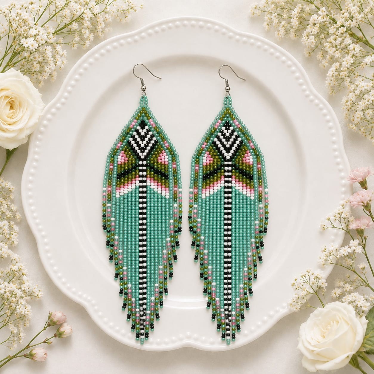 Handmade Green Beaded Earrings Long Geometric Tribal Boho Statement Jewelry